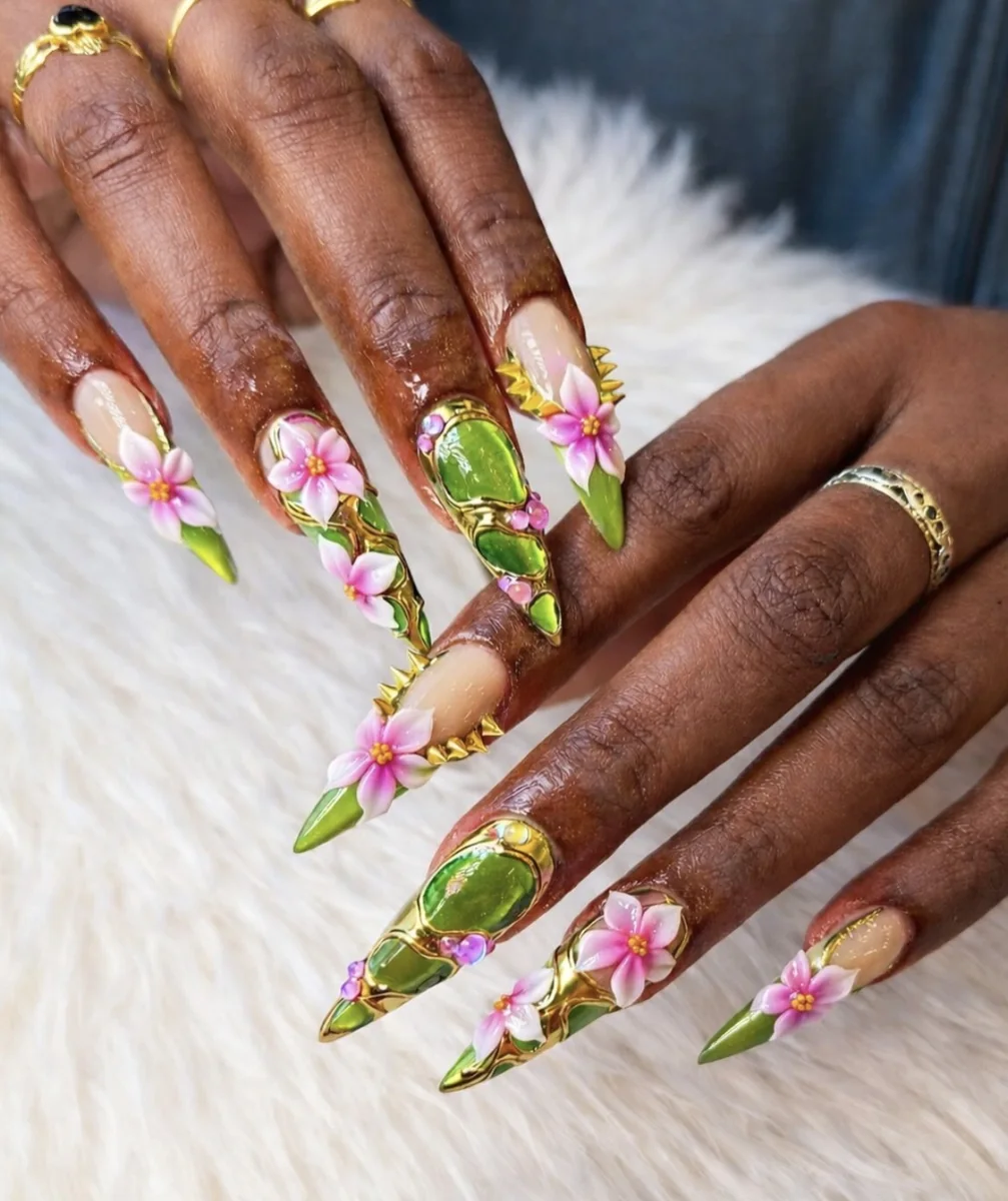 Green and gold floral stiletto nail art at Jade Nail Spa Nottingham