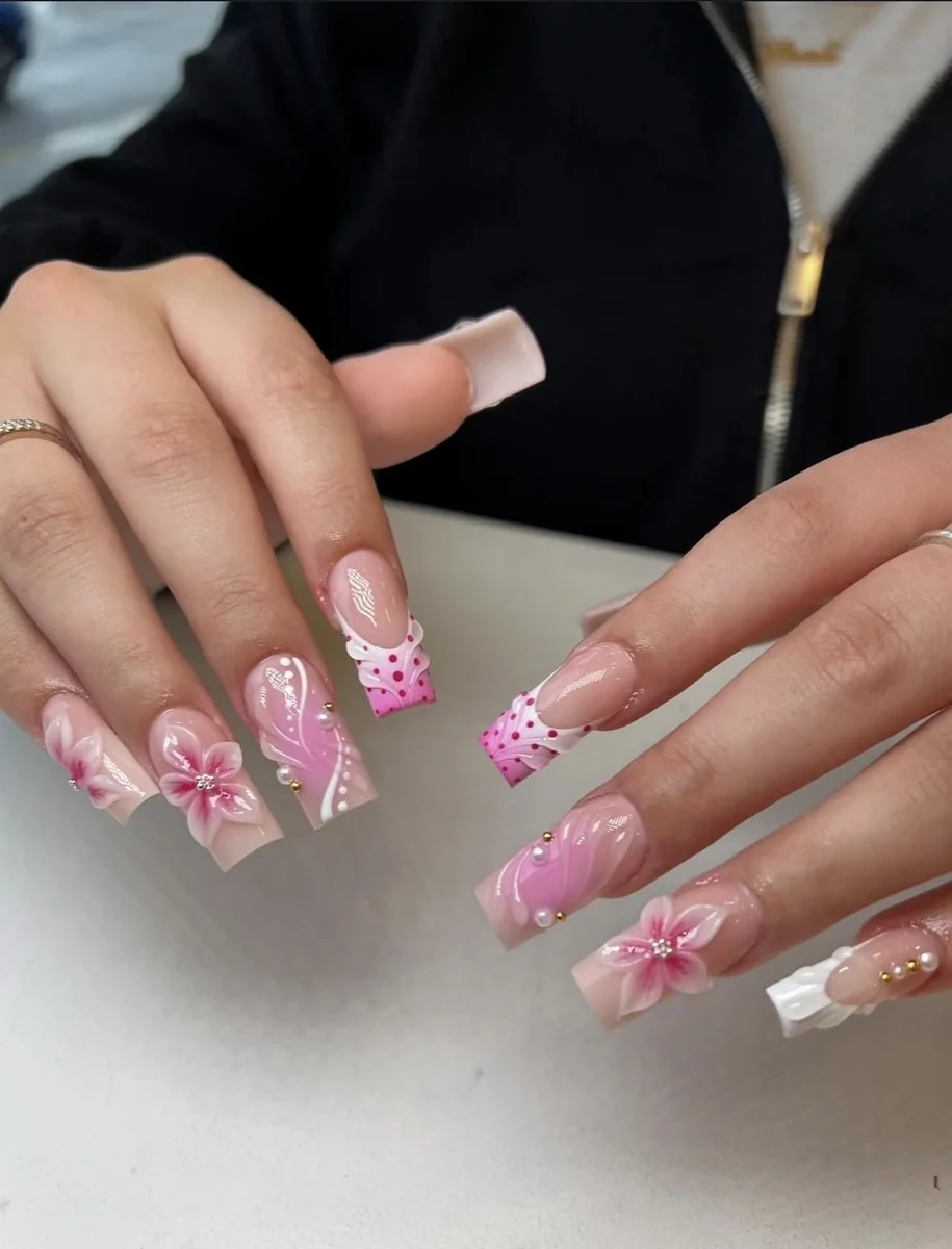 Pink French nail art with 3D flowers at Jade Nail Spa Nottingham