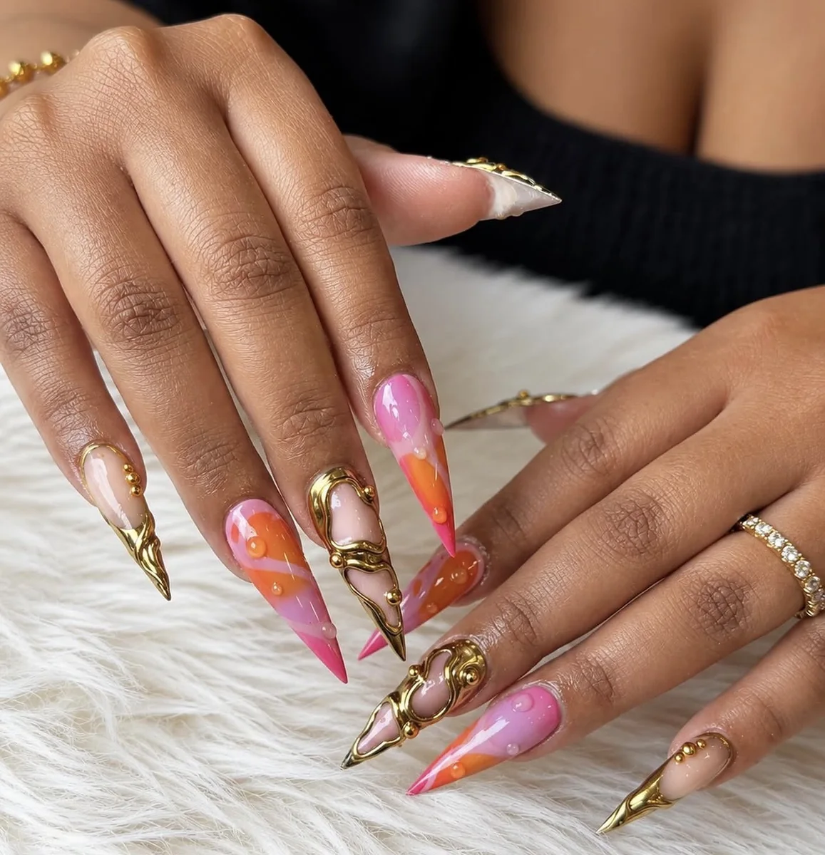 Pink, orange and gold luxury nail art at Jade Nail Spa Nottingham