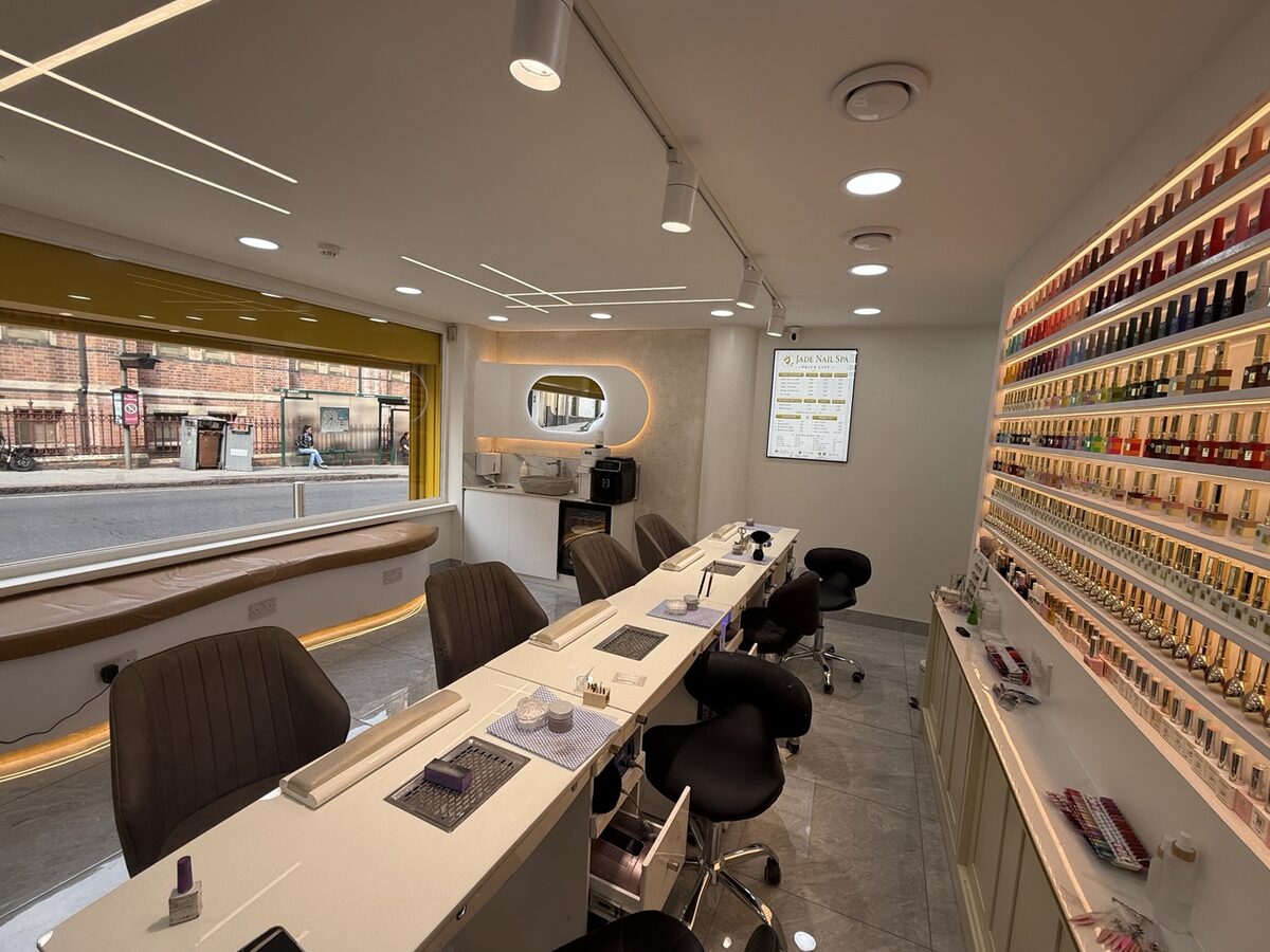Jade Nail Spa interior with colour display and manicure tables